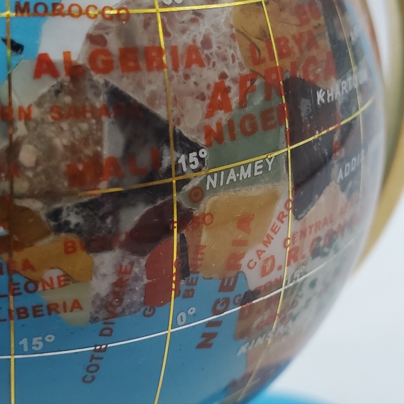 Semi-Precious Gemstone Globe 8" Stand Inlaid Brass Blue And Golden , VINTAGE - Picture 4 of 14